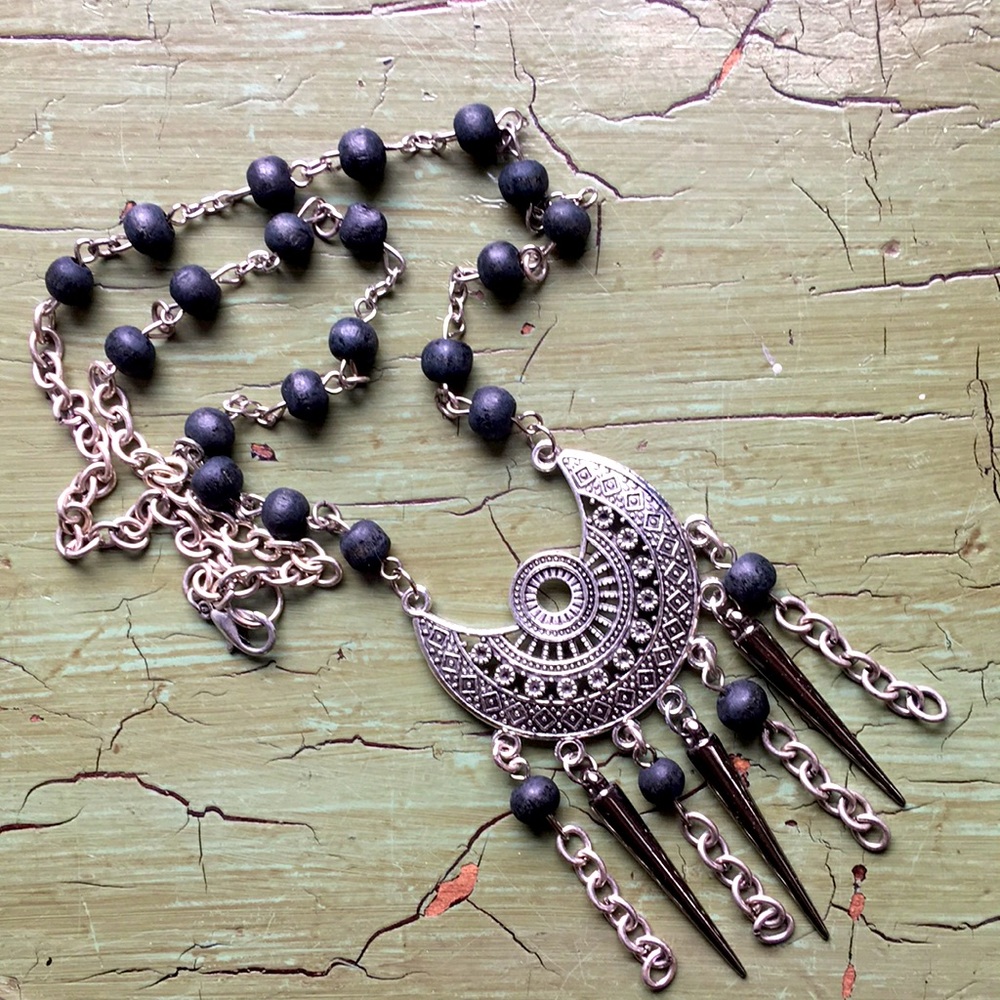 Handmade upcycled wooden rosary bead Tribal Moroccan style boho necklace